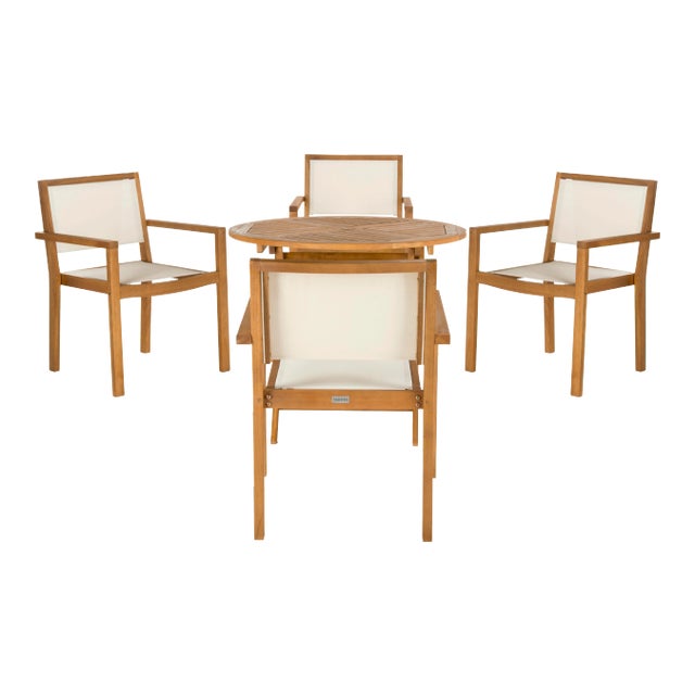 Outdoor 35.4-Inch Diameter Round Table Dining Set in Natural - 5 Pieces For Sale