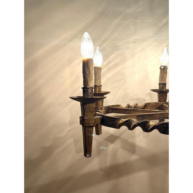 1920s Arts and Crafts Golden Hand-Forged Six-Light Iron Chandelier, Germany, 1920s For Sale - Image 5 of 18
