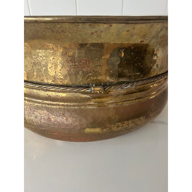 Traditional Large Vintage Hammered Brass Planter With Rope Detail For Sale - Image 3 of 6