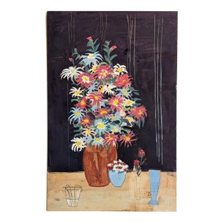 Vintage Mid-Century Floral Still Life Gouache Watercolor Painting on Board For Sale