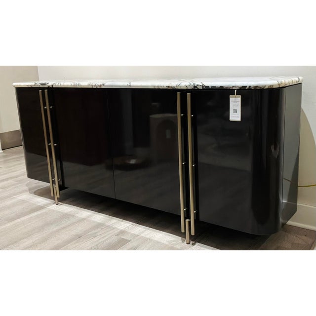 Original retail $17,850, elegant Caracole Modern Marble Vena Sideboard, Calcutta viola stone, dark brown finished wood...