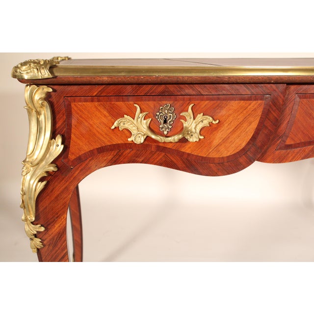 Antique Louis XV Style King Wood and Tulip Wood Bronze Mounted Leather Top Desk For Sale - Image 9 of 12