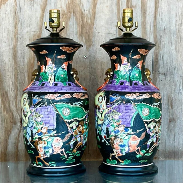 Vintage Chinoiserie Hand-Painted Ceramic Figural Table Lamps – A Pair For Sale - Image 11 of 12
