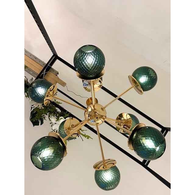 Metal Italian Gold Chandelier Sputnik in Murano Glass Style Green "Balloton" For Sale - Image 7 of 9