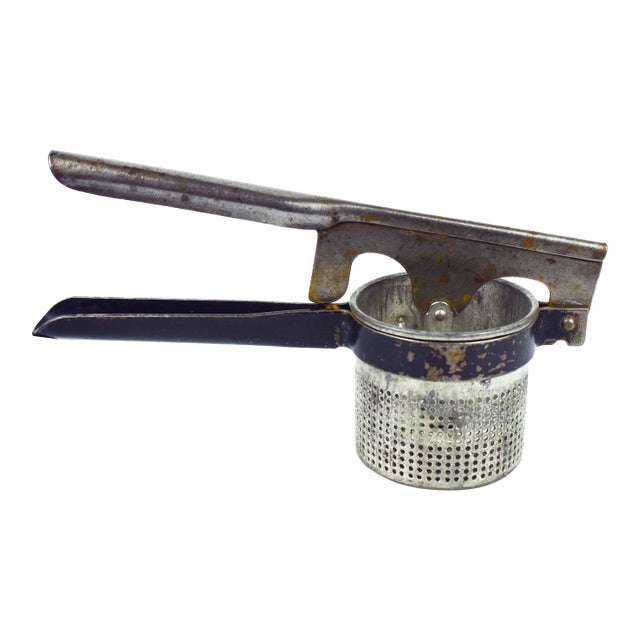 Mid 20th Century Metal Potato Ricer Fruit Masher Press Kitchen Tool Accessory For Sale
