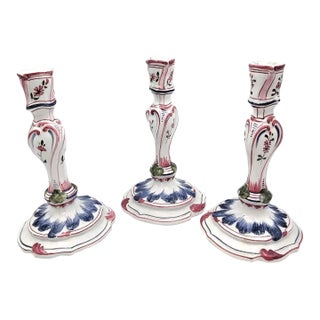 Vintage Italian Country Ceramic Candlesticks Hand Painted Meiselman-Set of 3 For Sale