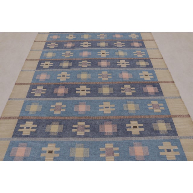Rug & Kilim Rug & Kilim’s Contemporary Dhurrie Rug in Blue and Beige With Geometric Accents For Sale - Image 4 of 10