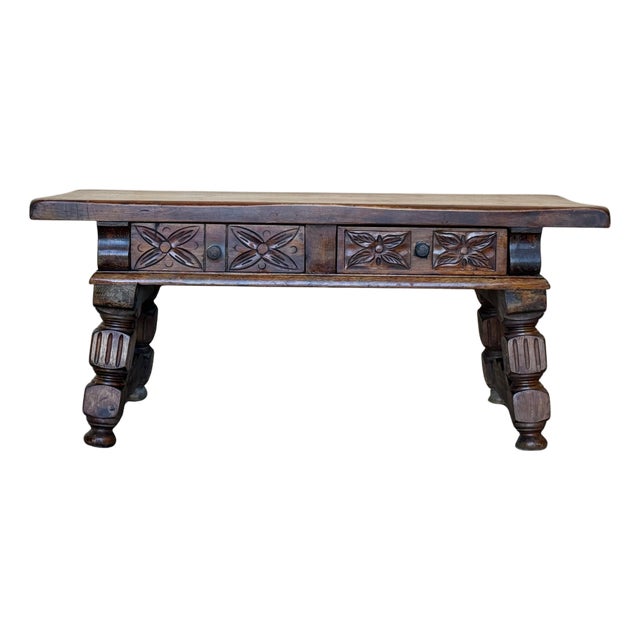 19th Spanish Low Console Table with Solomonic Legs & Two Carved Drawers For Sale