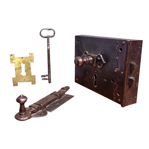 Large Dutch Historical Door Lock and Key, 1717, Set of 4 For Sale