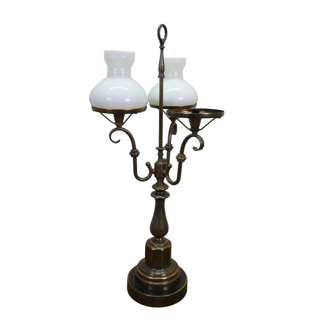 Vintage three light brass student / library / reading lamp featuring a scrolled Victorian design with milk glass shades....
