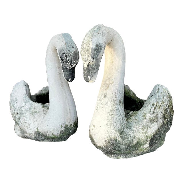 Vintage Coastal Patinated Cast Concrete Swans - a Pair For Sale