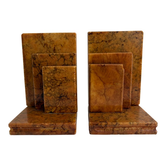 Vintage Italian Alabaster Bookends – Art Deco Style Brown Veined Stone Pair For Sale