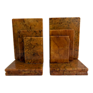 Vintage Italian Alabaster Bookends – Art Deco Style Brown Veined Stone Pair