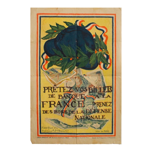 1916 French War Poster, "Prêtez Vos Billets De Banque À La France, Prenez Des Bons De La Défense Nationale" - Andrée Ménard For Sale