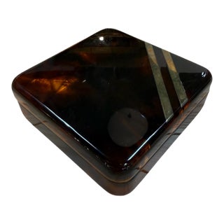 Vintage Tortoiseshell Lucite Trinket Box With Brass Stripe Accent, 1970s Modernist Design For Sale