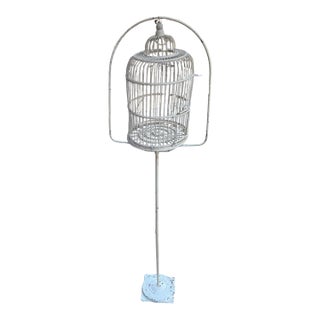 Antique White Wicker Birdcage on Metal Stand Sunroom Garden Decor For Sale