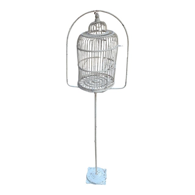 Antique White Wicker Birdcage on Metal Stand Sunroom Garden Decor For Sale