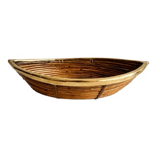 Italian Pencil Reed Rattan & Brass Boat Basket For Sale