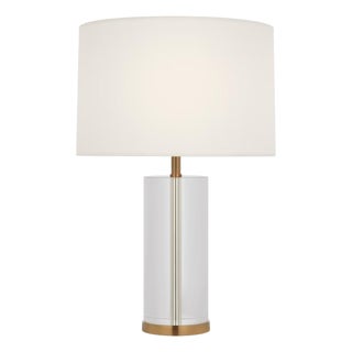 AERIN by Visual Comfort Signature Lineham 16" Cordless Accent Lamp in Crystal and Hand-Rubbed Antique Brass with Linen Shade For Sale