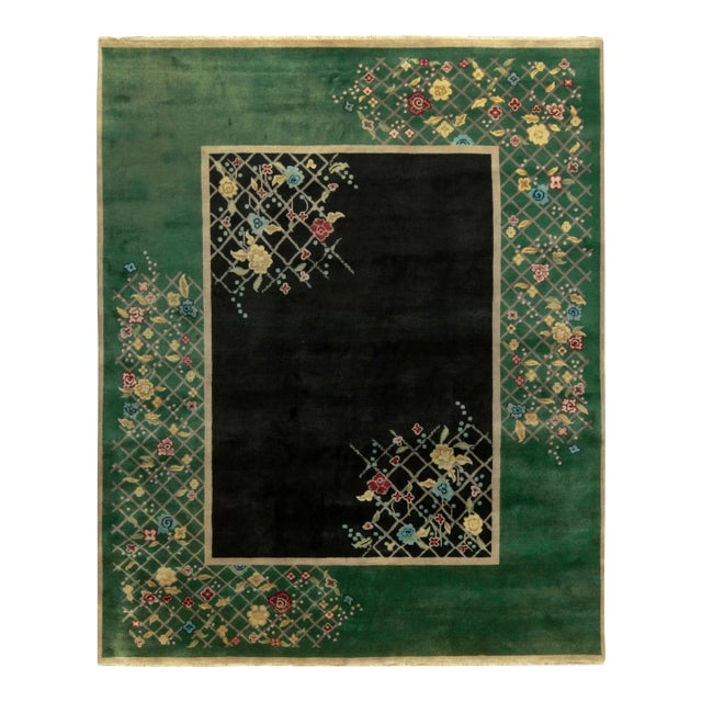 Rug & Kilim Chinese Style Art Deco Rug in Black & Green with Colorful Florals - 12'x18' For Sale