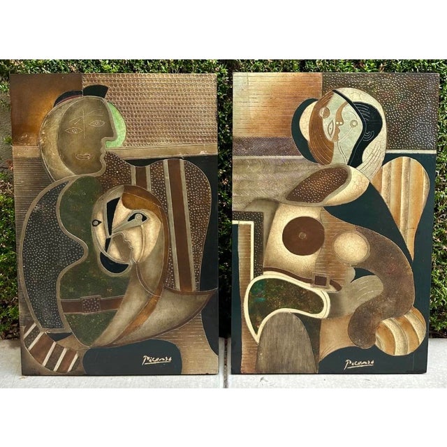 Figurative Pair Mid-Century Picasso-Style Carved & Gilded Wood Panels Attributed to Enrico Baj For Sale - Image 3 of 18