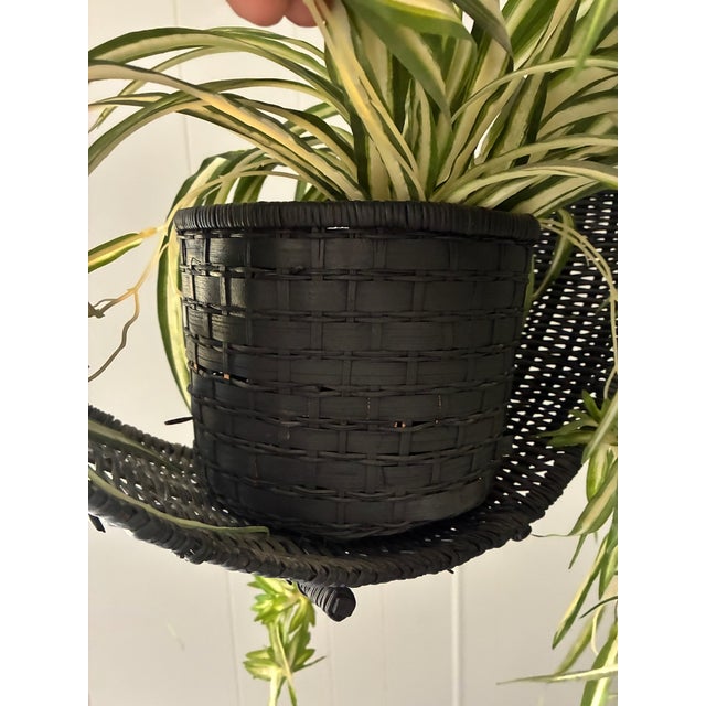 Woven basket, black Groovy round shape FAUX spider fern in a wicker, silk Chain on top for hanging Early-mid 1970s