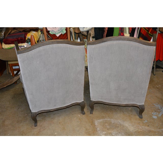 Restoration Hardware Pair Lorraine Gray Velvet Wing Back Bergere Arm Chairs W/ Wood Surround For Sale - Image 6 of 17