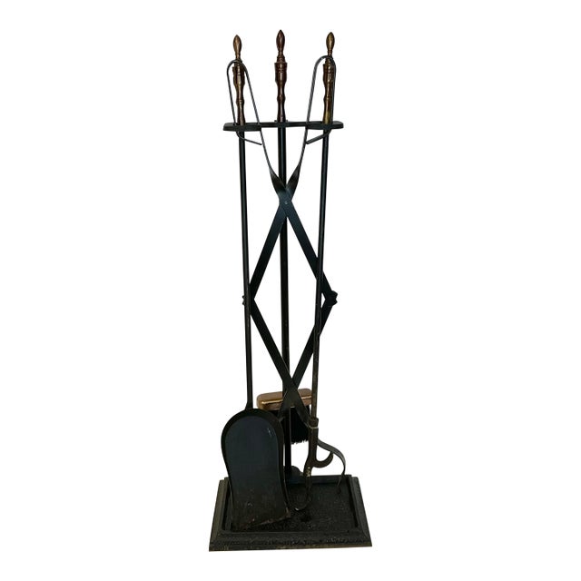 1970s Mid-Century Wrought Iron With Bronze Handle Fireplace Tools & Rack - 5 PCS Set For Sale