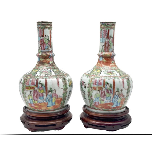 A Pair of Chinese Export Porcelain Rose Medallion Bottle Vases Guangzhou (Canton), China, Qing Dynasty, Daoguang–Xianfeng...