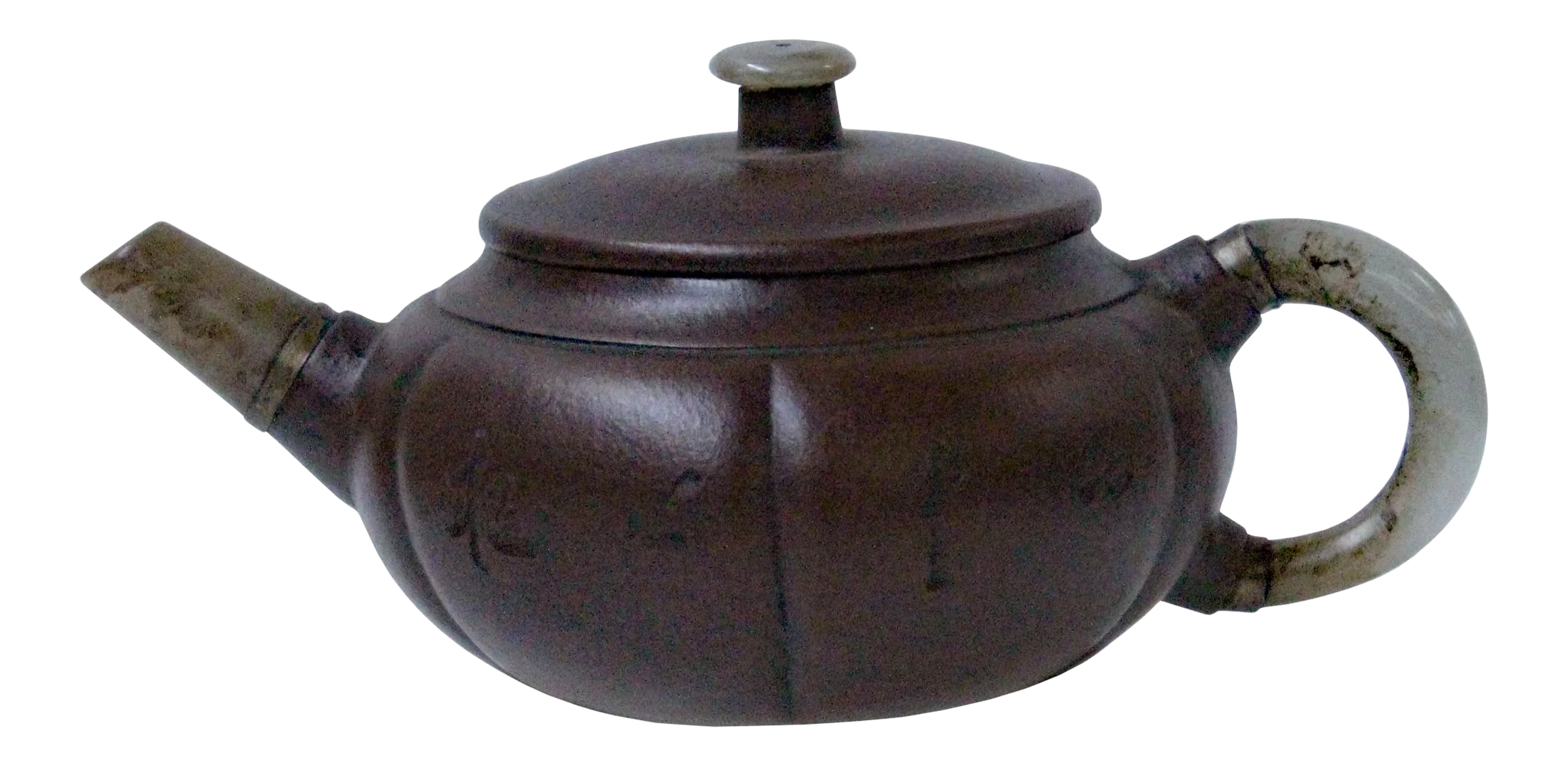 Chinese Zisha Clay Medium Brown Jade Stone Handle Teapot Display