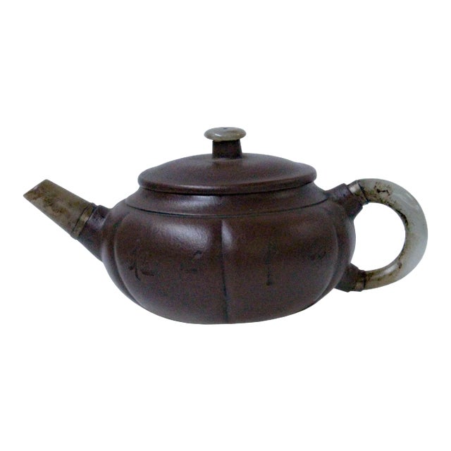 Chinese Zisha Clay Medium Brown Jade Stone Handle Teapot Display Art For Sale