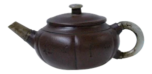 Chinese Zisha Clay Medium Brown Jade Stone Handle Teapot Display Art