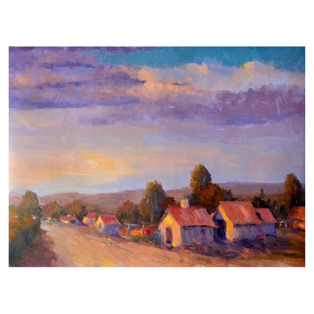 Oil painting of a purple sunset over a Napa County, California country road. In the style of artists from Ovannes...