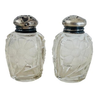 Early 20th Century Glass Floral & Sterling Salt & Pepper Shakers- a Pair For Sale