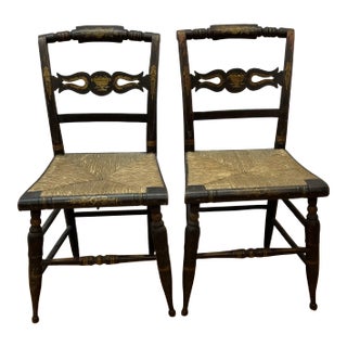 Pair of Sheraton Fancy Early 19th Century Hitchcock Chairs With Rush Seats For Sale