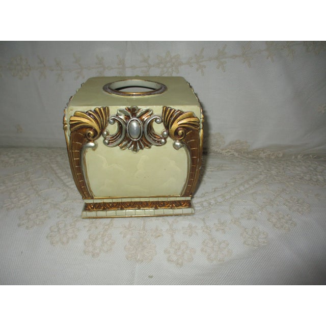 Vintage Hollywood Regency Ornate Pearlize Faux Marble With Bronze & Silver Accents Tissue Cover For Sale In Columbia, SC - Image 6 of 8