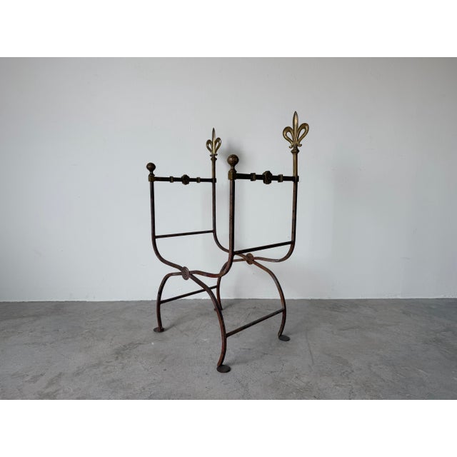 1950s Vintage Italian Wrought Iron Savonarola Chair With Brass Fleur-De-Lis Finials For Sale - Image 5 of 12