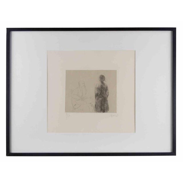 Two Figures is an original modern artwork realized by Giacomo Manzù in 1970s. Black and white etching Hand Signed and...