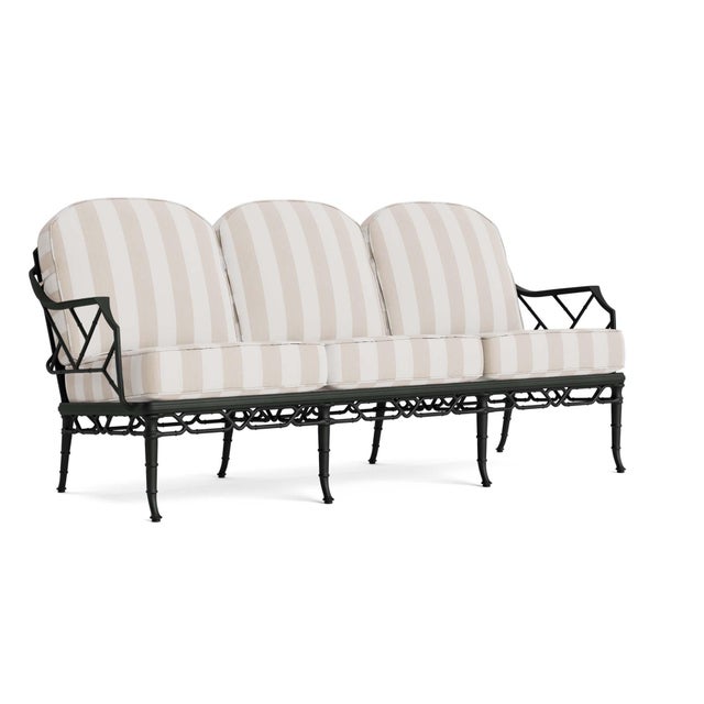 Brown Jordan Calcutta Sofa in Black Jade with Sand Stripe Cushions For Sale