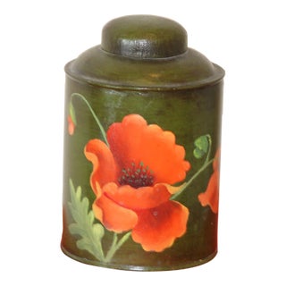 Vintage Signed Tole Metal Tea Caddy, Hand Painted Poppies For Sale