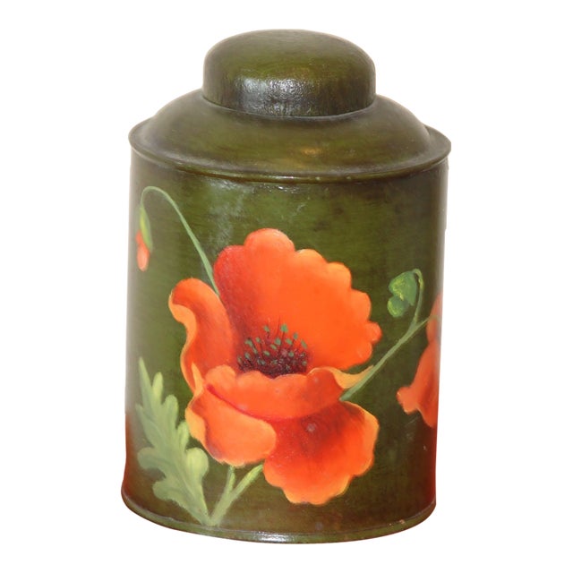 Vintage Signed Tole Metal Tea Caddy, Hand Painted Poppies For Sale