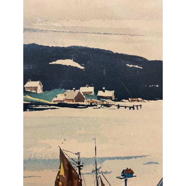 Vintage Framed Harbor Landscape Print by C. Ivar Gilbert - Coastal Sailboat & Village Scene, Gold-Tone Frame For Sale In Seattle - Image 6 of 12