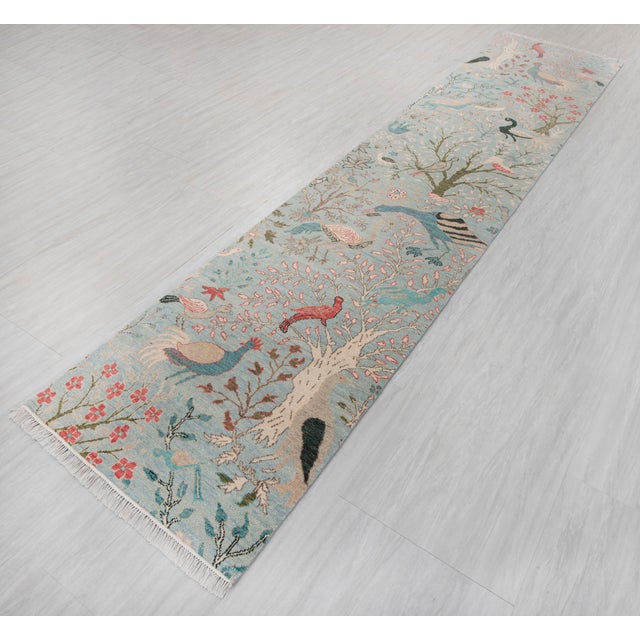 2020s 2.6x12ft. Light Blue Peacock Bird Garden Hand Knotted Wool Rug For Sale - Image 5 of 17