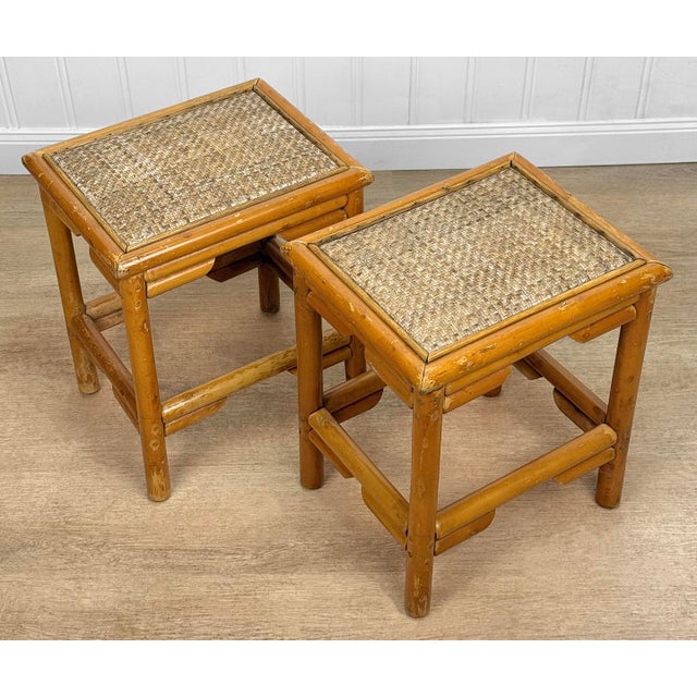 1970s Vintage 1970s Coastal Rattan End Table Stands W/ Wicker Tops - A Pair For Sale - Image 5 of 10