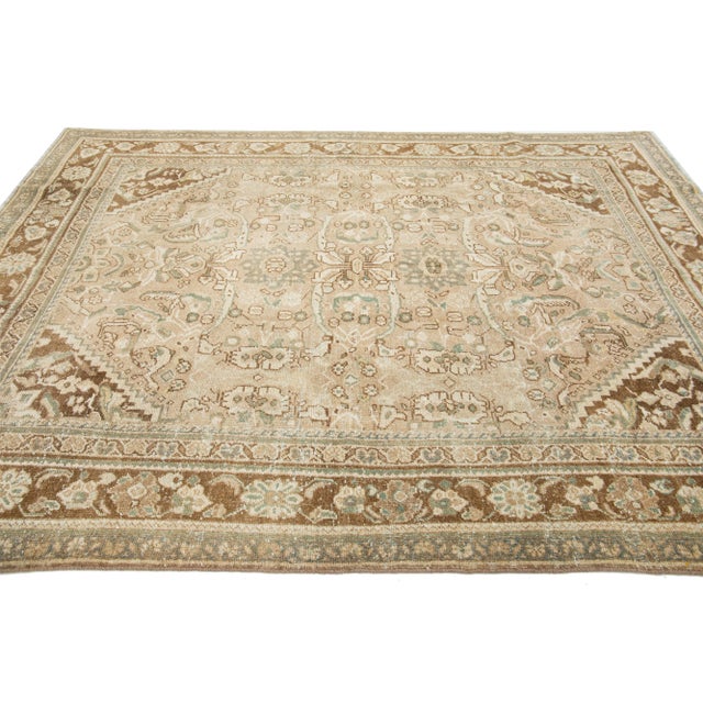 1930s Beige Mahal Persian Wool Rug Handmade With Floral Pattern For Sale - Image 4 of 9