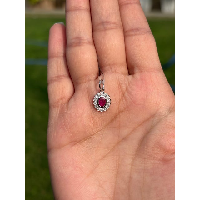 Victorian Victorian-Inspired Red Ruby & Diamond Halo Charm Pendant in 14k White Gold For Sale - Image 3 of 15