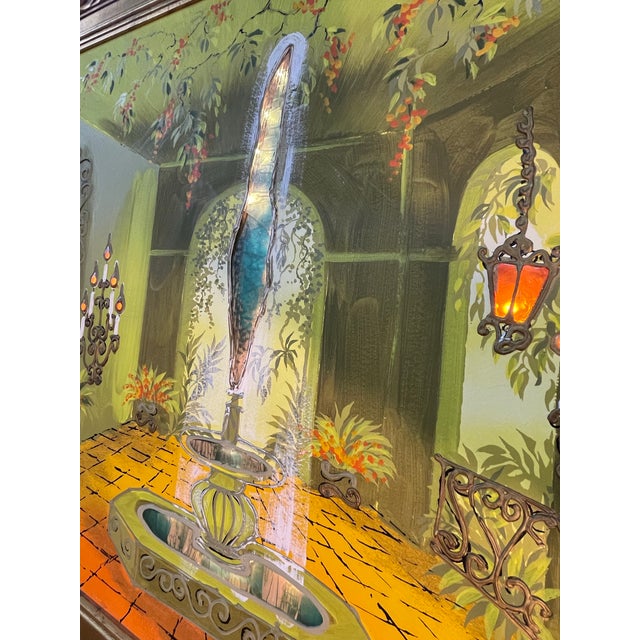 Mid 20th Century Light-Up Mid-Century Tropical Courtyard Oil Painting For Sale - Image 5 of 5