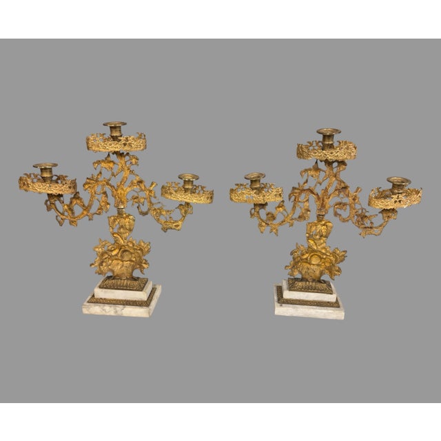 Gold Pair of Victorian 3 Arm Figural Girandole Candelabra With Baskets of Flowers For Sale - Image 8 of 8