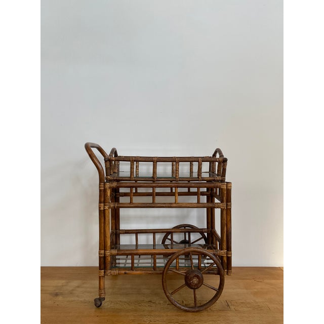 Chestnut Vintage Bamboo Bar Cart With Glass Shelve & Removable Tray For Sale - Image 8 of 18