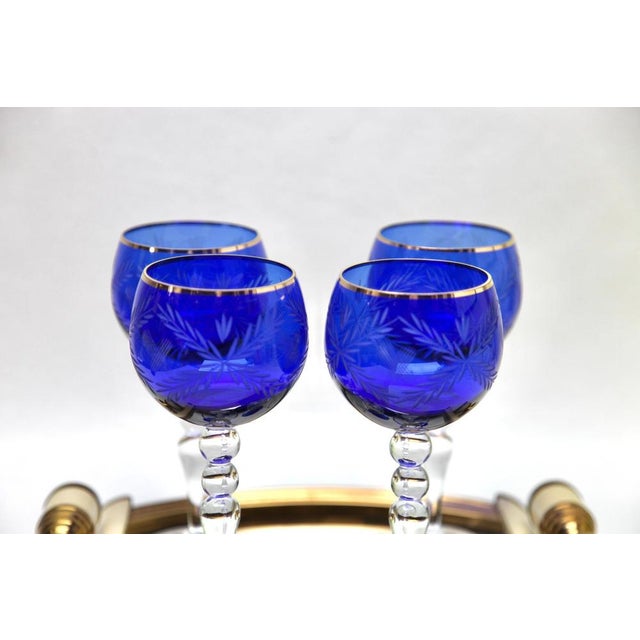 Metal Crystal Stem Glasses in Cobalt Overlay with Tray, 1935, Set of 5 For Sale - Image 7 of 12